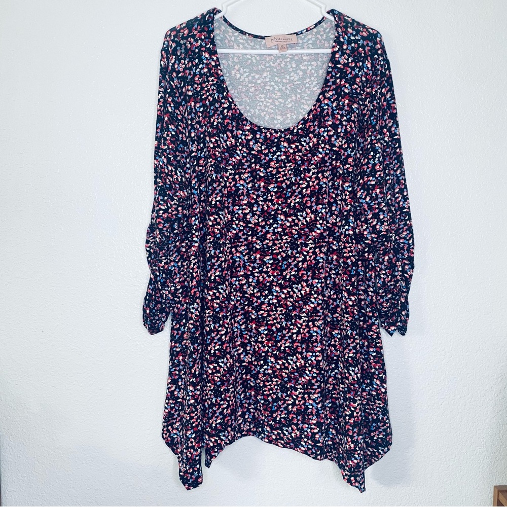 🍓 Philosophy Boho Spotted Asymmetrical Hem 3/4 Sleeves Stretchy Tunic Top 2X